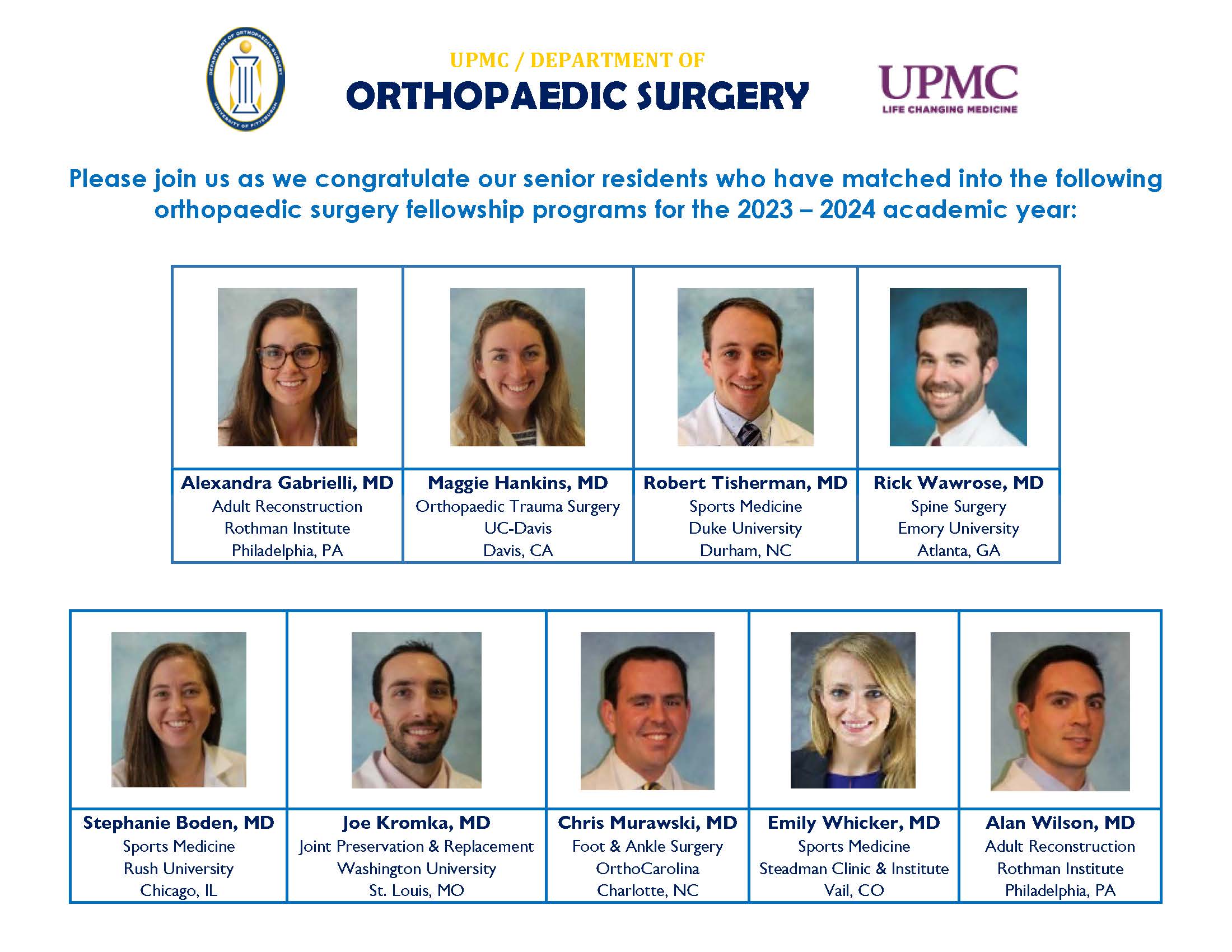 Fellowship Match for Pitt Ortho Residents Department of Orthopaedic